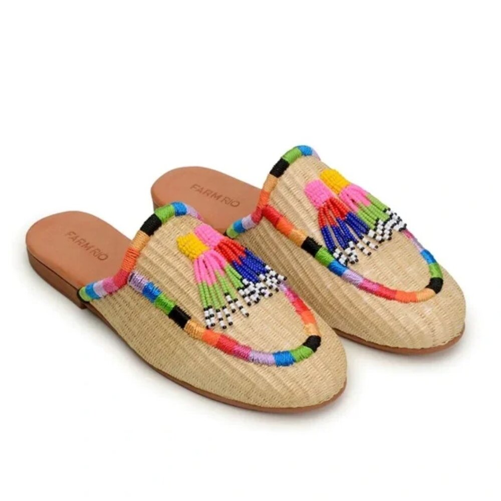 Farm Rio Beaded Fringe Tassel Raffia Embroidered Woven Mules / Flats Size 9